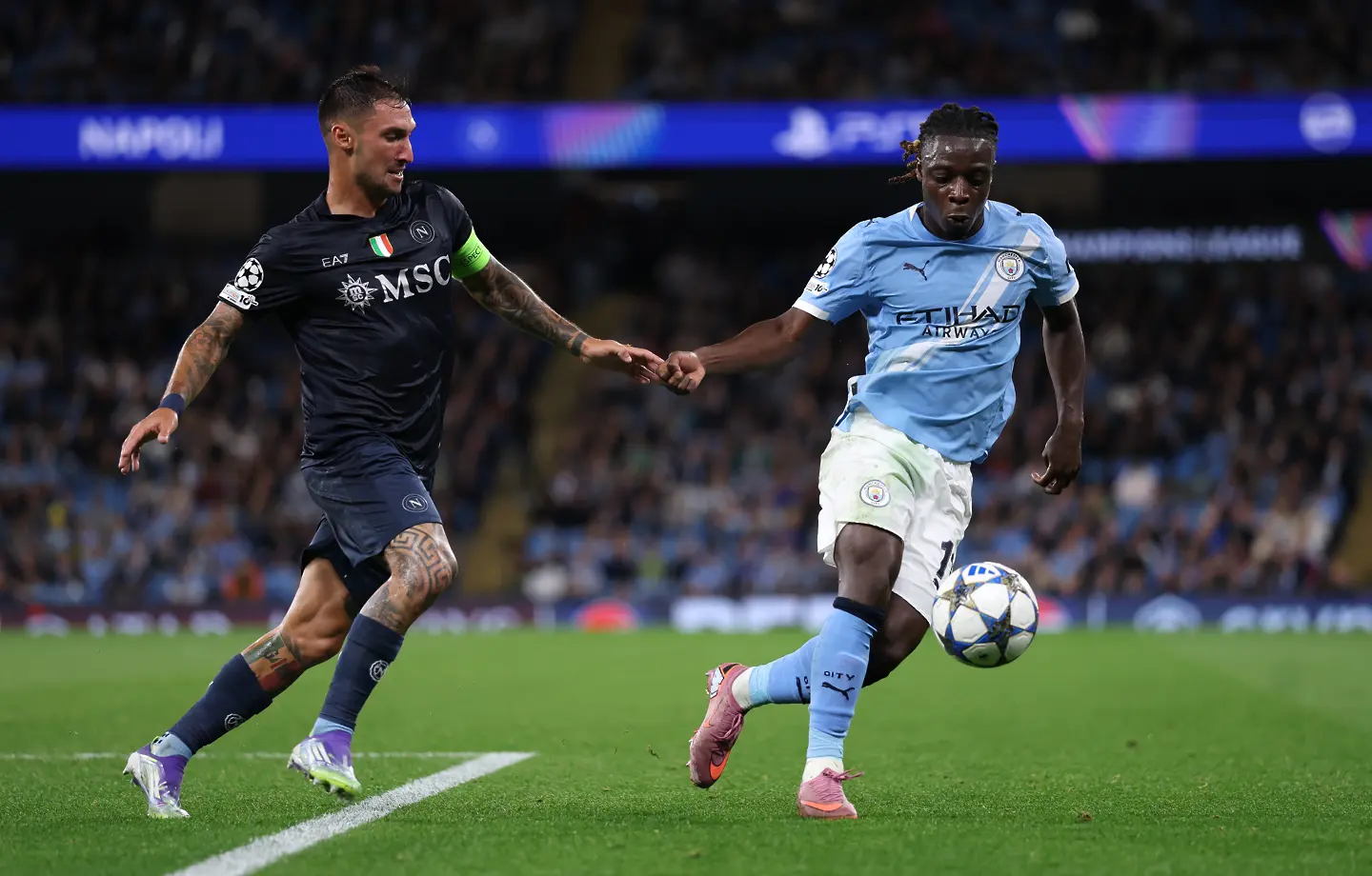Матео Политано, Жереми Доку, Манчестър Сити - Наполи / Getty Images