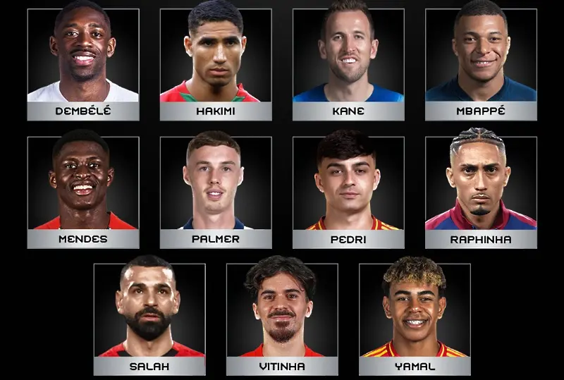 Витиня, Ашраф Хакими, Усман Дембеле, Килиан Мбапе, Ламин Ямал, Педри, Хари Кейн, Нуно Мендеш, Коул Палмър, Рафиня и Мохамед Салах