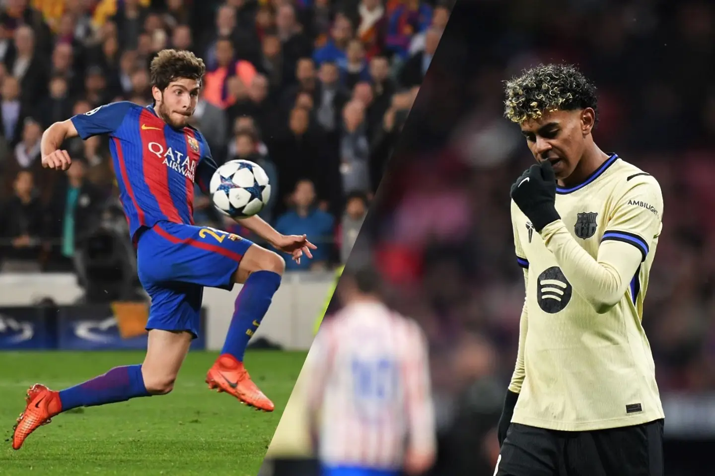 Сержи Роберто (Барселона) вкарва гола за 6:1 срещу ПСЖ при обрата от 0:4; Ламин Ямал / СНИМКИ: Getty Images; КОЛАЖ: Dsport.bg