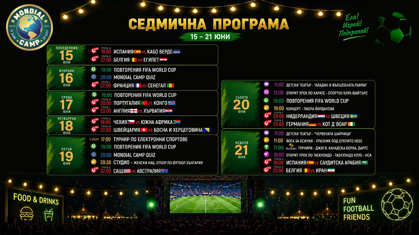 Mondial Camp 2026 продължава с още футбол, кино, куизове и забавления в сърцето на София