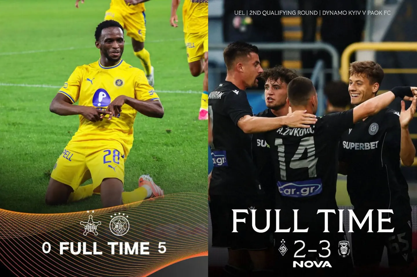 Шериф - Макаби Тел Авив 0:5; Динамо Киев - ПАОК 2:3 / facebook.com/MaccabiTLVFC; facebook.com/PAOKFOOTBALL